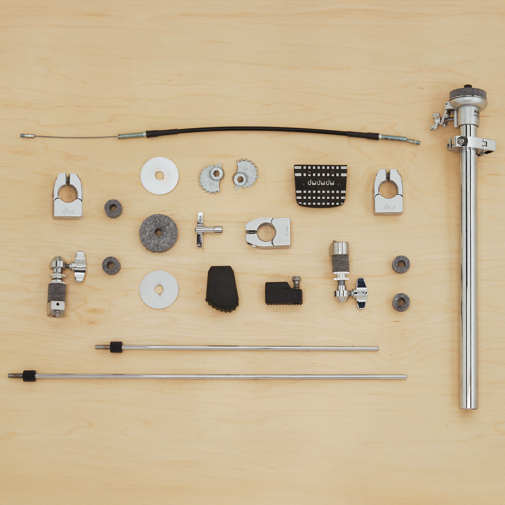 This photo contains DW hi-hat stand parts including heel plates, memory locks, clutches, tubing, pull rods, and more.