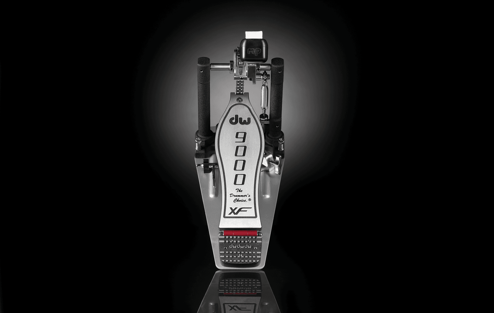 A vertical short of an extended footboard DW 9000 single pedal.