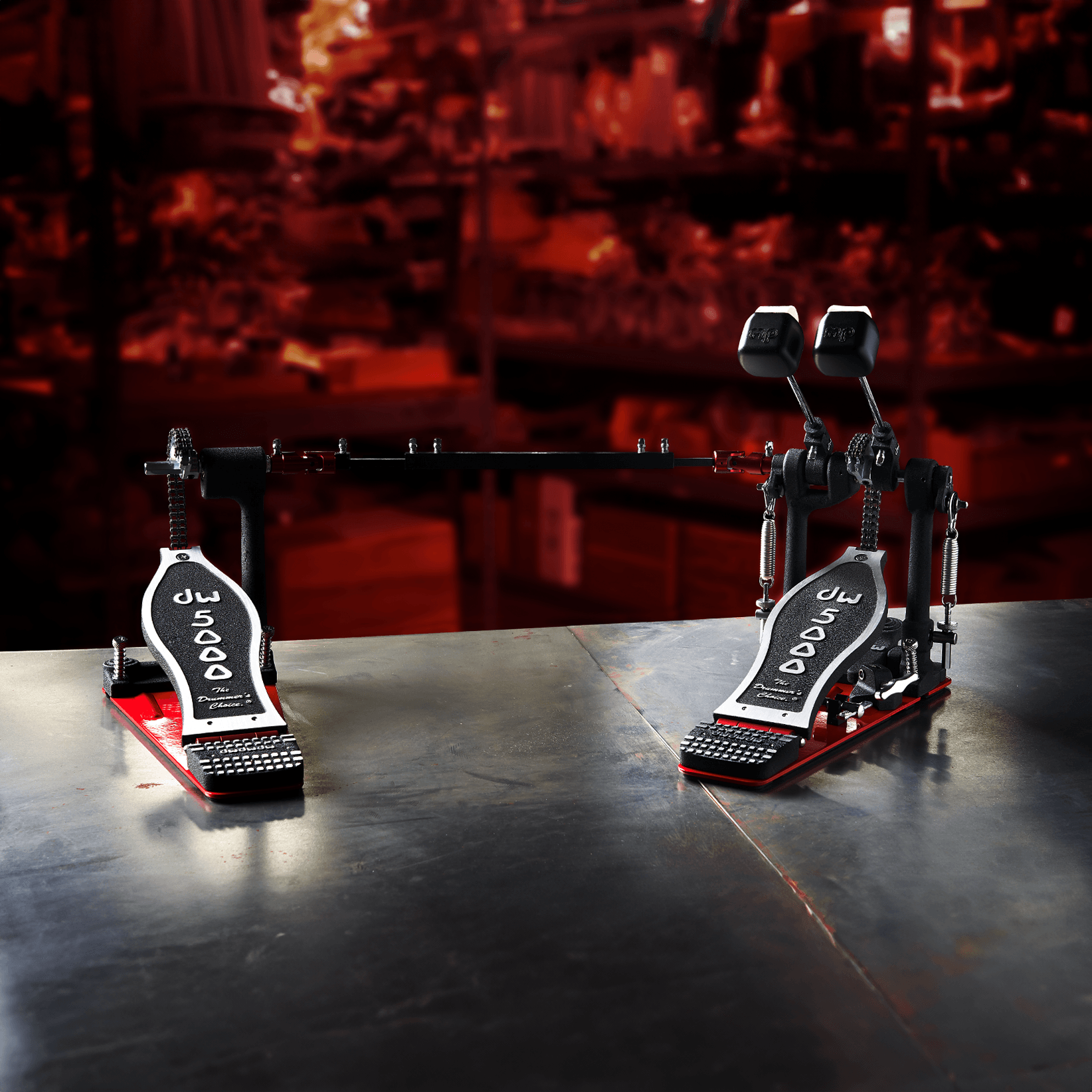 A double-chained DW 5000 double pedal with Delta ball-bearing hinges.