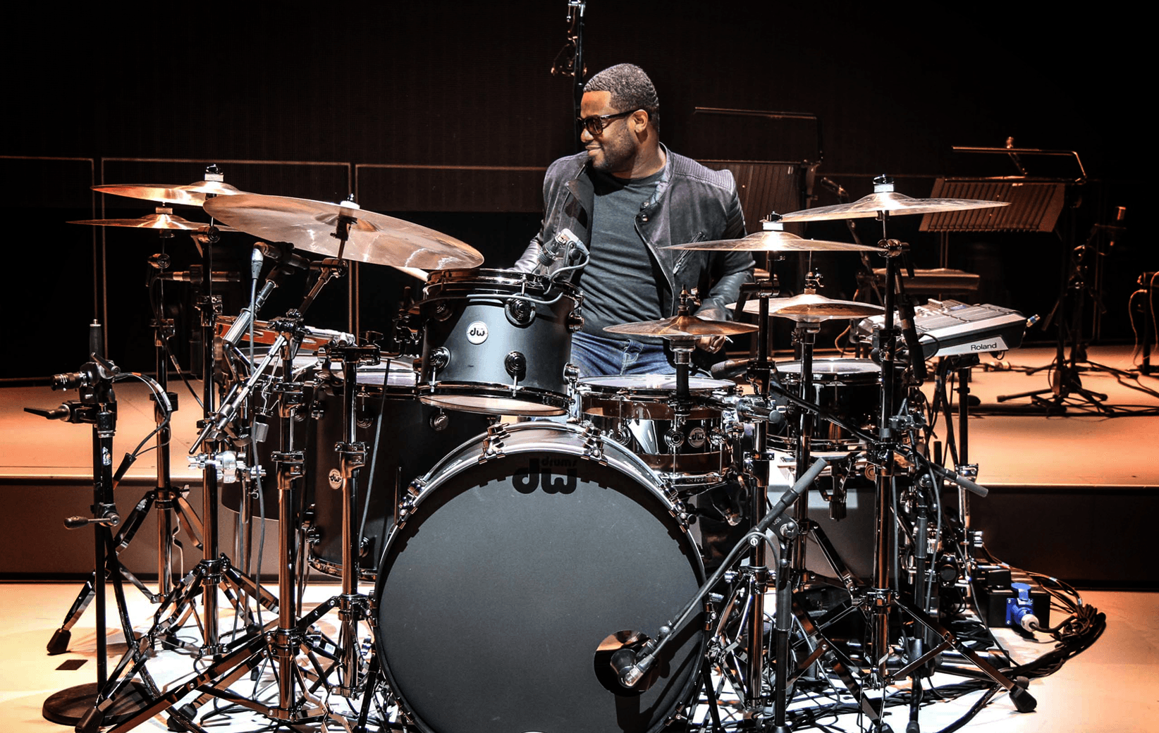 DW Artist Derrick Wright with a full outfit of DW Hardware around his DW Collector's Series kit.