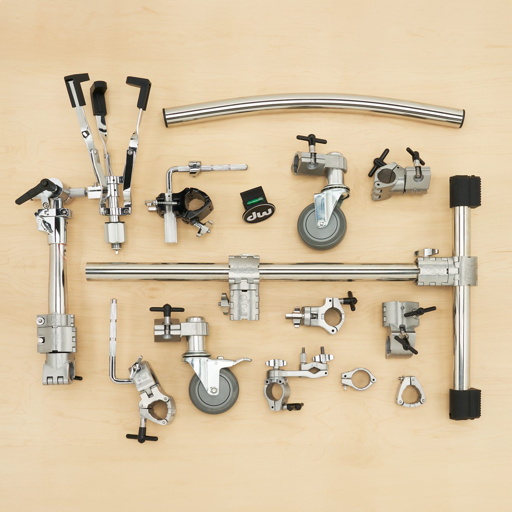 A selection of DW rack parts including memory locks, tubing, and accessory arms and clamps.